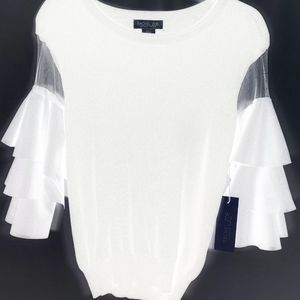 Rachel Zoe Sheer Ruffle Sleeve White Sweater XL